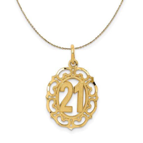 14k Yellow Gold Number 21 Oval Heart Accent Necklace - 24 Inch - Picture 1 of 7